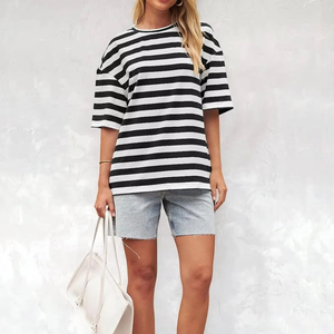 Camiseta de Manga Corta con Cuello Redondo y Rayas para Mujer, Corte Holgado, Tejida, 100% Algodón, Transpirable, para Primavera/Verano - Product Image 6