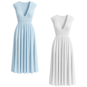 Robe midi d'été légère et respirante en nylon, à col rond, tricot côtelé, manches courtes, coupe droite, simple et décontractée pour femme - Product Image 1