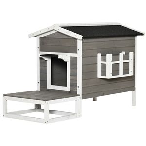 Cuccia per Gatti da Esterno Grigio Scuro/Bianco con Porta di Fuga, Design Rettangolare, Riparo per Gatti Randagi, Supporto per Fiori da Portico, per Interni/Esterni - Product Image 1