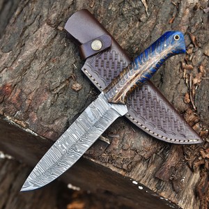 Cuchillo de Bushcraft de Acero de Damasco Forjado a Mano con Mango de Piña, Hoja Fija de Espiga Completa, Cuchillo de Camping con Funda de Cuero, OEM Personalizado - Product Image 1