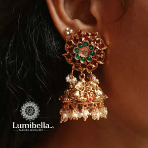 24K Gold Plated Pearl Stud Jhumka Earrings-Ethnic Religious Charm Earrings - Product Image 1