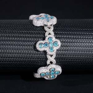 Pulsera de Plata 925 con Baño de Rodio, Diseño de Flor Estilo Hiphop de Lujo, con Cadena de Eslabones y Cristales Azules para Mujer, Uso Diario - Product Image 4