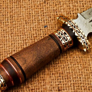 Handmade Damascus <b>Steel</b> Dagger Knife with Brown Wooden Handle Gold Decorative Guard Patterned Fixed Blade and Brown Leather - Product Image 3