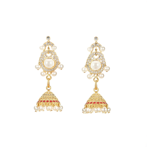 Bohemian Gold Plated Drop Earrings with Pearl and Diamond Accents - Product Image 2