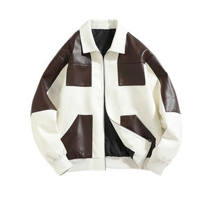 Veste en similicuir PU unisexe sur mesure OEM, style moto vintage avec contraste de couleur sur le devant, imperméable et réversible - Product Image 1