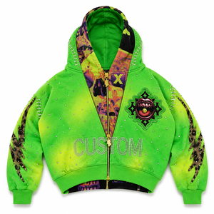 Sweat à capuche zippé double couche 600 GSM avec graphique personnalisé en strass, coupe courte et ample, style streetwear clouté pour homme, mode Y2K, fournisseur - Product Image 2