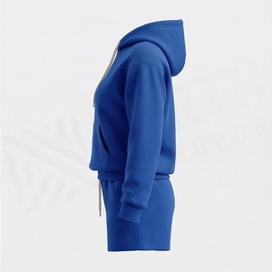 Conjunto de Sudadera con Capucha y Pantalones Cortos de 2 Piezas para Mujer, Color Azul, Corte Holgado Informal, Felpa de Color Sólido, Largo por Encima de la Rodilla, para Primavera/Verano - Product Image 3