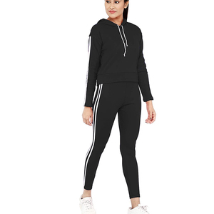 Women <b>Black</b> Hooded Tracksuit Set Full Sleeve Striped <b>Leggings</b> Sporty Athletic Wear Breathable Midweight Spring Casual Outfit - Product Image 1