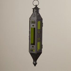 Farol de hierro con paneles de vidrio verde y diseño de recortes intrincados para decoración del hogar - Product Image 1