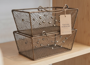 Artisanal Vintage Metal <b>Wire</b> <b>Storage</b> <b>Basket</b> Rectangle With Handles Multi-Purpose Neatening Organizer Stylish Home Accent - Product Image 5