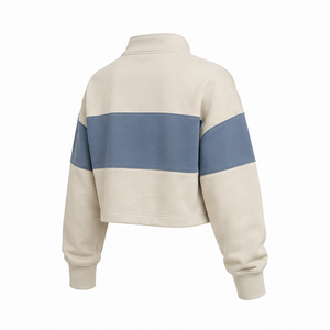 Customize Silver <b>Grey</b> Womens Relaxed Half Zip Cropped <b>Sweatshirt</b> Contrast Stripe Cotton Fleece - Product Image 2