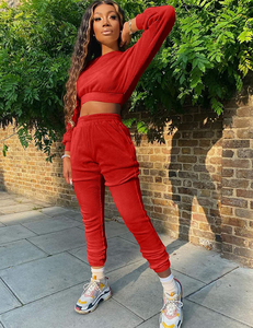 Women's <b>Red</b> Knitted 2-Piece Set Crew Neck <b>Crop</b> <b>Top</b> Ankle Length Pants Casual Tracksuit Regular Fit All Seasons 100% Cotton - Product Image 6