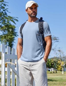 Camiseta de Manga Corta para Hombre, Cuello Redondo, Ajustada, Color Azul Claro, Tejido Transpirable, Estilo Casual, Color Sólido - Product Image 3