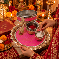Ensemble de thali Karwa Chauth avec bols Channi Karwa et Roli Chawal, ensemble de thali traditionnel pour la fête de Pooja, pour femmes