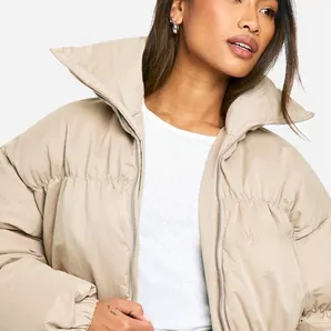 Unisex Beige Black Color Block Puffer <b>Jacket</b> Stand Collar Zipper Closure Embroidered Logo Winter Casual Coat - Product Image 4