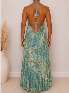 Vestido Maxi de Mujer con Estampado Paisley Verde, Estilo Boho, Cuello en V, Cintura Elástica, Corte Regular, Tejido 100% Seda, Ropa Casual de Verano - Product Image 2