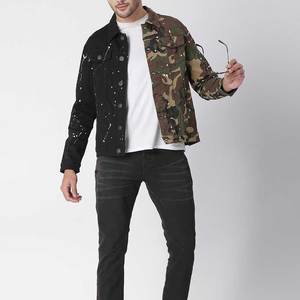 Men's Reversible <b>Denim</b> <b>Jacket</b> Camouflage Black Splatter Print Turn-down Collar Casual Autumn Wear - Product Image 3