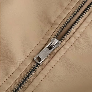 Women's PU Leather Moto Jacket Stand Collar Full Sleeve Zipper Closure Windproof Solid Color Autumn Wear - Product Image 6
