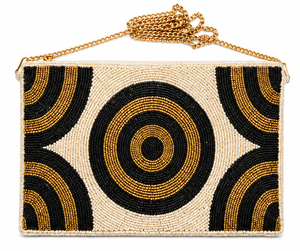 Bolso de mano de noche con cuentas hecho a mano – Diseño geométrico circular en negro y dorado – Elegante bolso de hombro con cuentas – Bolso de mano llamativo con cuentas - Product Image 2