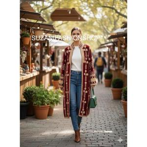 Stylish Handmade Elegant <b>Velvet</b> Long <b>Coat</b> Floral Embroidery Stand Collar Full Sleeve Winter <b>Women's</b> Jacket Raw Eco-Friendly - Product Image 1