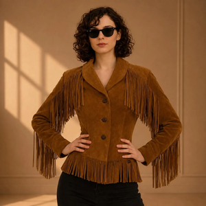 Chaqueta de Cuero con Flecos para Mujer, Estilo Vaquero Occidental, Cuello Camisero, Manga Larga, para Otoño - Product Image 1