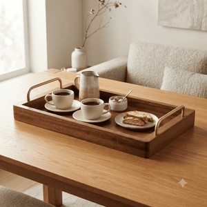 Plateau de service en bois artisanal avec poignées en métal, grand plateau rectangulaire pour café, thé, petit-déjeuner, nourriture, maison, restaurant, hôtel, table - Product Image 2