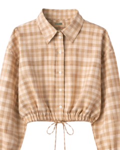 Chemise Courte Femme Personnalisée en Gingham Beige et Blanc avec Cordon de Serrage à la Taille, Manches Longues, Boutonnée, Décontractée – Fabricant OEM de Vêtements Personnalisés - Product Image 1