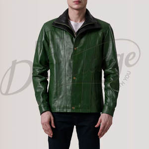 Veste en cuir vert émeraude pour homme avec col intérieur contrastant noir, en véritable peau de mouton, coupe ajustée, automne-hiver, style moto - Product Image 2