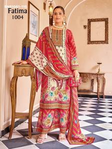 Última Colección de Crepé de Seda con Estampado Digital y Trabajo de Espejo, Mangas Campana, Conjunto Plazzo-Kurta-Dupatta Listo para Usar a Precio de Mayoreo - Product Image 5