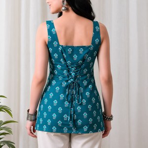 Teal Floral Printed <b>Indian</b> Pakistani Set Sleeveless Square Neck Women <b>Top</b> Dress Casual Summer Wear By AARIKA Textile - Product Image 2