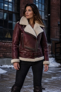 Chaqueta de Aviador de Piel Genuina de Primera Calidad para Mujer, Abrigo de Invierno Cálido Estilo Motero con Cierre de Cremallera y Detalle de Cinturón - Product Image 2