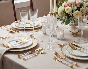 Gold Layered Stainless <b>Utensils</b> <b>With</b> Reflective White Patterned <b>Holders</b> Designed For Classy Table Arrangements - Product Image 3