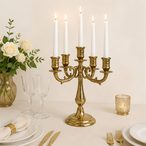 Candélabre en métal à 5 bras, finition or antique, porte-bougie, support de bougie pour centre de table de mariage, décoration d'événements hôteliers - Product Image 2