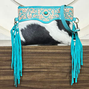 New Genuine Cowhide Western Leather Fringe Bag Hand Tooled Floral Design Turquoise Accent Shoulder Crossbody Handbags for Female - Product Image 4
