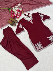 Women's Maroon Cotton Salwar Kameez Set With White Embroidery Traditional Indian Casual Wear Loose Fit <b>Ankle</b>-Length - Product Image 4