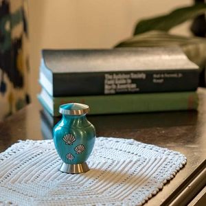 Turquoise Keepsake Cremation Urn with Shell Design Decorative <b>Memorial</b> Jar - Product Image 4