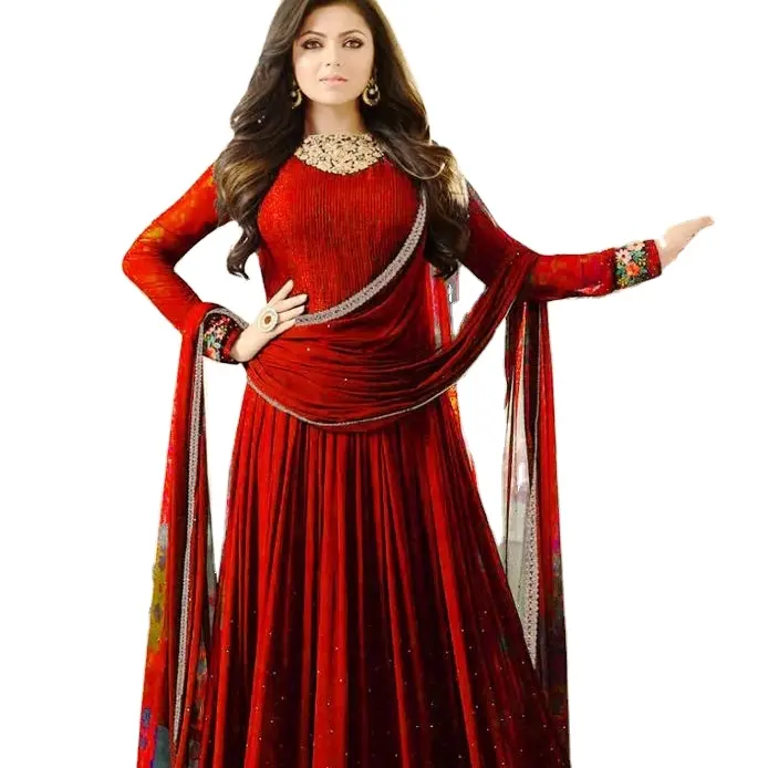 Pakistani And Bangladesh Style Heavy Party Wear Chiffon And Net Fabric Long Knee Length Dress For Women