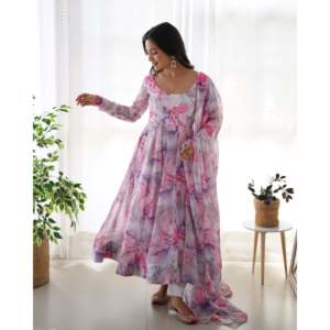 Hermoso Vestido Anarkali Talla XS con Pantalón y Dupatta, Estampado Floral, Corte en A, Cintura Imperio, Chifón, para Fiesta - Product Image 4