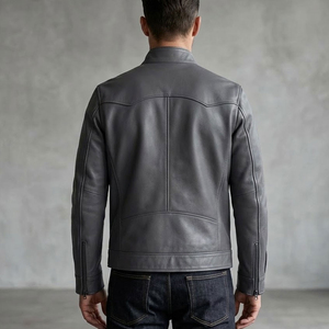 Blouson moto en cuir PU rouge pour homme, col rabattu, fermeture éclair, coupe ajustée, couleur unie, style motard, vêtement d'automne - Product Image 5