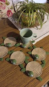 Adorable Handwoven Sea Turtle Coaster <b>Set</b> Unique Crochet Table Mats for Living Room Coffee Table and Office <b>Desk</b> Decoration - Product Image 5