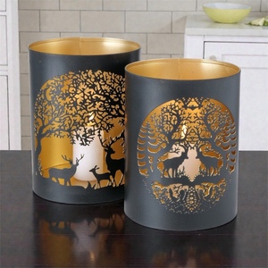 Black Steel Cylinder <b>Candle</b> <b>Lanterns</b> With Golden Deer And Tree Die Cut Design For Christmas Home Decoration - Product Image 2