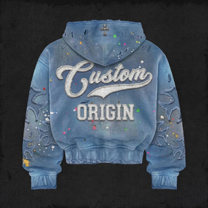 Custom Embroidered Hoodie Mens Massive 450gsm Blue Sunfaded <b>Jumper</b> Paint Splatter Cross Applique Boxy Fit <b>Full</b> <b>Zip</b> up <b>Jumper</b> - Product Image 2