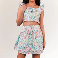 Ensemble coordonné floral 100 % coton pour femme, qualité supérieure, élégant, été, écologique, respirant, tissé, vintage, décontracté, coupe trapèze ajustée