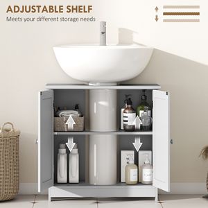 Mobile Bagno Grigio Chiaro in Legno Massello con Lavabo Integrato, 2 Ante, Specchio LED, Ripiano Regolabile, Installazione a Terra - Product Image 5