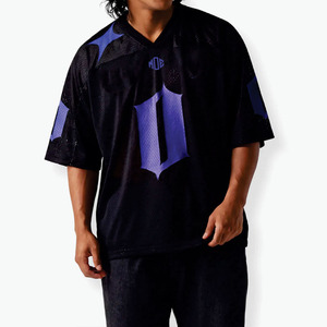 Camiseta de fútbol americano de malla negra y morada a la moda al por mayor, estilo urbano oversize, con logo personalizado, poliéster transpirable, suministro OEM, EE. UU. - Product Image 6