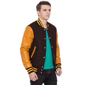 Chaqueta universitaria personalizada marrón y amarilla, estilo letterman, cuerpo de lana, mangas de cuero, estilo béisbol, chaqueta bomber, ropa informal, estampada. - Product Image 1