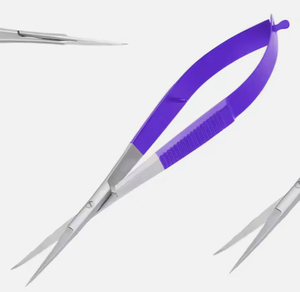 Ciseaux de microchirurgie ophtalmique en acier inoxydable courbé et aiguisé Castroviejo, manche enduit de couleur violette, précision chirurgicale - Product Image 2
