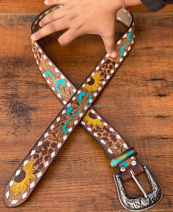 High Quality Leather <b>Belts</b> Hand Tooled Carving Stylish Sunflower <b>Belt</b> Unisex Hot Sale Luxury Gift for Him - Product Image 2