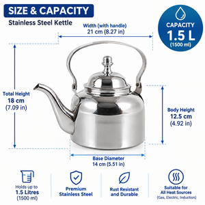 Bouilloire à thé en acier inoxydable, finition argentée vintage, théière, pichet à eau chaude, pot à boisson à long bec, ustensile de cuisine traditionnel - Product Image 5