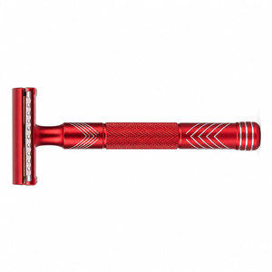 Rasoir de sécurité à double lame rouge, manche en acier inoxydable avec poignée en caoutchouc pour hommes, usage en salon de coiffure - Product Image 3